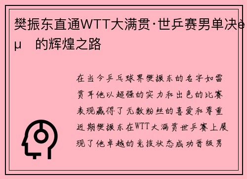 樊振东直通WTT大满贯·世乒赛男单决赛的辉煌之路